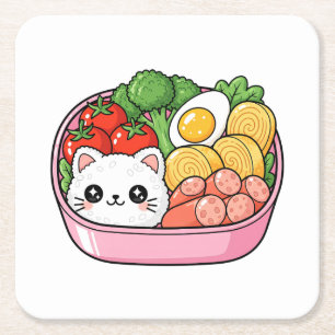 Cute Kawaii Cat Bento Box Square Paper Coaster