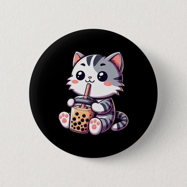 Cute Kawaii Cat Boba Bubble Milk Tea Anime Neko Ki 6 Cm Round Badge (Front)