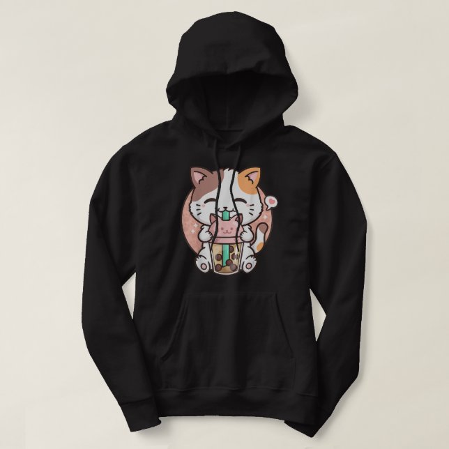 Cute Kawaii Cat Boba Bubble Milk Tea Anime Neko Ki Hoodie (Design Front)