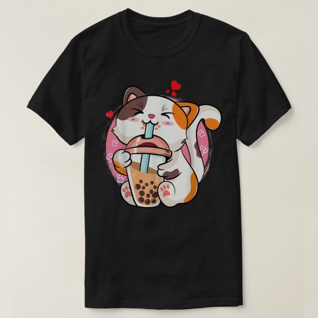 Cute Kawaii Cat Boba Bubble Milk Tea Anime Neko Ki T-Shirt (Design Front)