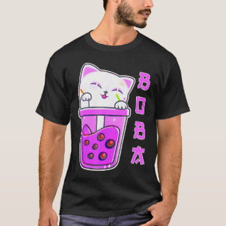 Cute Kawaii Cat Boba Bubble Tea Anime Japanese Nek T-Shirt