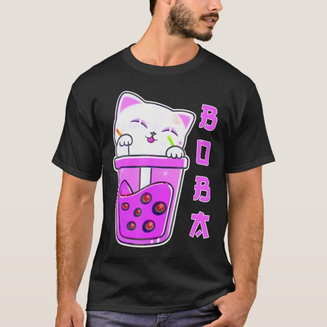 Cute Kawaii Cat Boba Bubble Tea Anime Japanese Nek T-Shirt (Front)