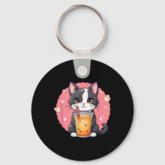 Cute Kawaii Cat Boba Tea Japanese Style Tuxedo Kit Key Ring (Front)