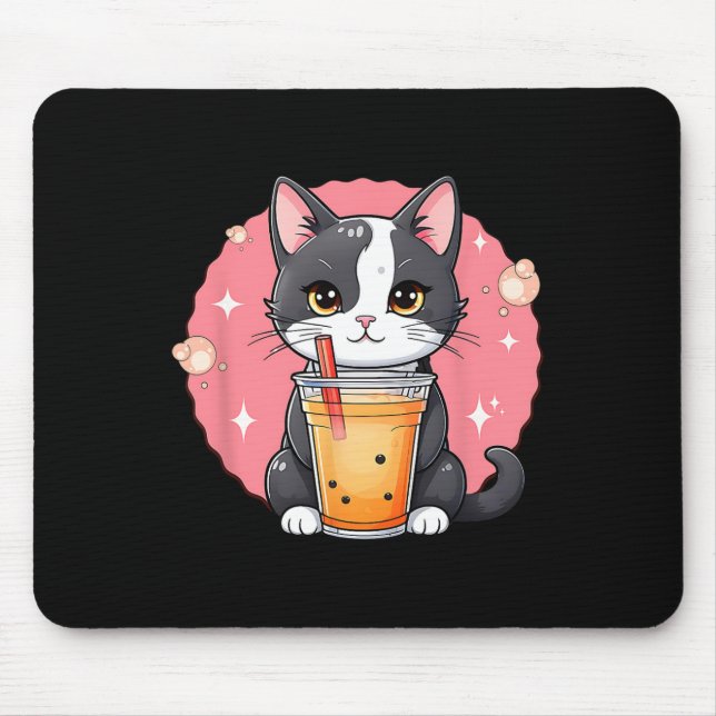 Cute Kawaii Cat Boba Tea Japanese Style Tuxedo Kit Mouse Mat (Front)