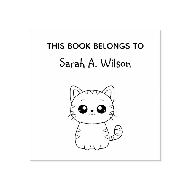 Cute Kawaii Cat Book Belongs Personalise Bookplate Rubber Stamp (Imprint)
