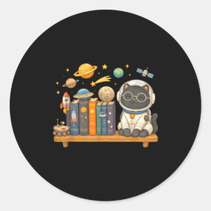 Cute kawaii cat books astronaut space classic round sticker