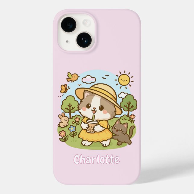 Cute Kawaii Cat Bubble Tea Kids Girls Childrens Case-Mate iPhone Case (Back)