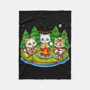 Cute Kawaii Cat Camping Nature Campfire Outdoors H Fleece Blanket