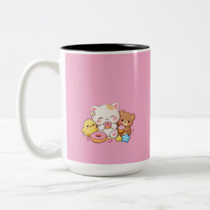 Cute Kawaii Cat, Chick & Teddy Bear Pastel Doughnu Two-Tone Coffee Mug