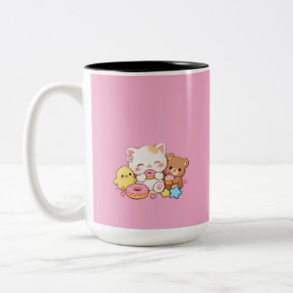 Cute Kawaii Cat, Chick & Teddy Bear Pastel Doughnu Two-Tone Coffee Mug