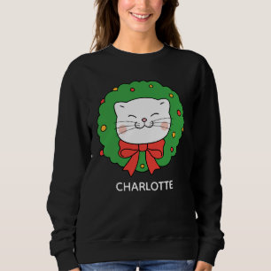 Cute Kawaii Cat Christmas Wreath Custom Name Sweatshirt