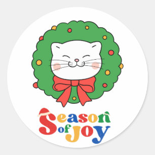 Cute Kawaii Cat Christmas Wreath Season of Joy Classic Round Sticker