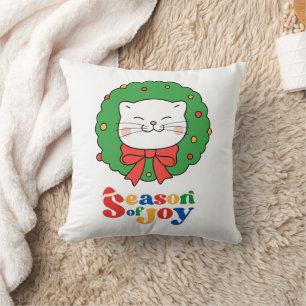 Cute Kawaii Cat Christmas Wreath Season of Joy Cushion