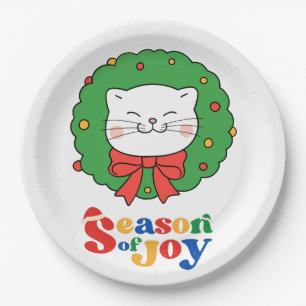 Cute Kawaii Cat Christmas Wreath Season of Joy Paper Plate