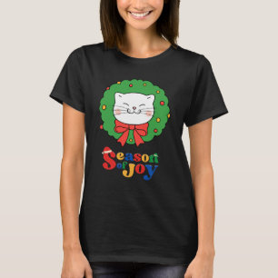 Cute Kawaii Cat Christmas Wreath Season of Joy T-Shirt