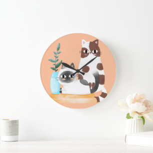 Cute Kawaii Cat Duo Illustration Cosy Cats with Large Clock