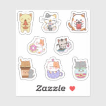 Cute kawaii cat eating fast-food stickers 