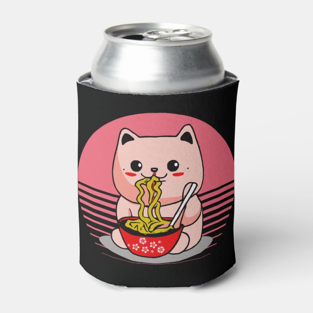 Cute Kawaii cat eating ramen Can Cooler (Can Front)