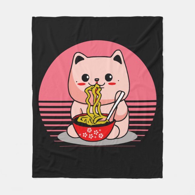 Cute Kawaii cat eating ramen Fleece Blanket (Front)