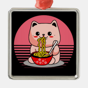Cute Kawaii cat eating ramen Metal Tree Decoration