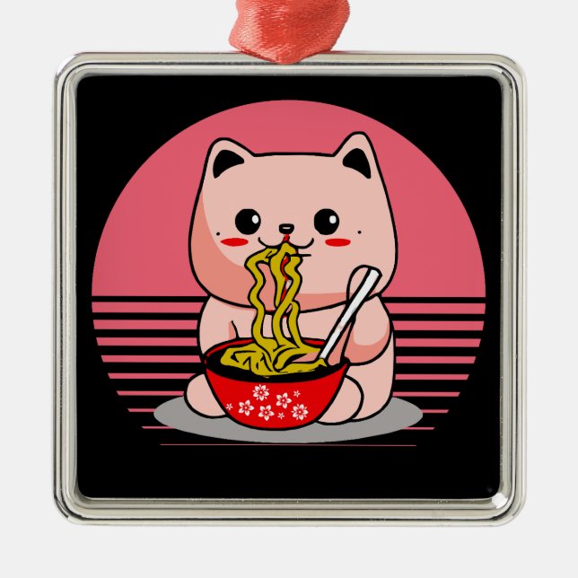 Cute Kawaii cat eating ramen Metal Tree Decoration (Front)