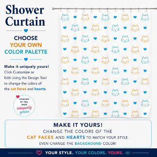 Cute Kawaii Cat Faces and Hearts Blue Orange Shower Curtain