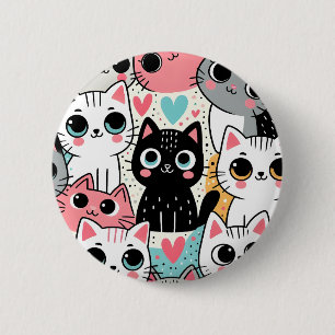 Cute Kawaii Cat Faces and Hearts Whimsical 6 Cm Round Badge