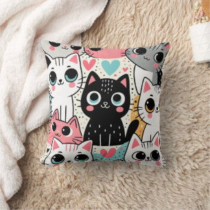 Cute Kawaii Cat Faces and Hearts Whimsical Cushion