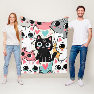 Cute Kawaii Cat Faces and Hearts Whimsical Fleece Blanket
