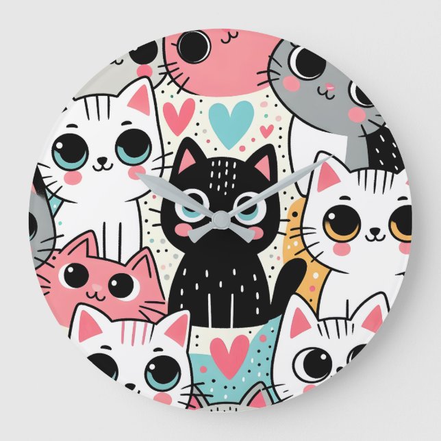 Cute Kawaii Cat Faces and Hearts Whimsical Large Clock (Front)