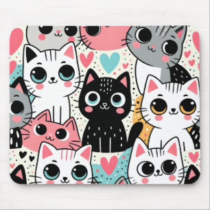 Cute Kawaii Cat Faces and Hearts Whimsical Mouse Mat