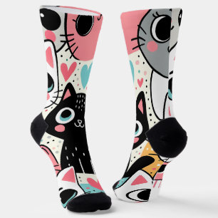 Cute Kawaii Cat Faces and Hearts Whimsical Socks