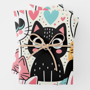 Cute Kawaii Cat Faces and Hearts Whimsical Wrapping Paper Sheet