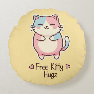Cute Kawaii Cat Free Pup Hugz Pastel Round Pillo Cushion