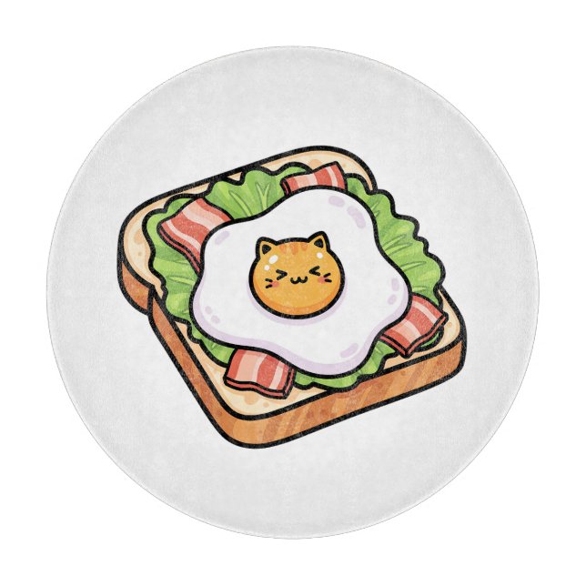 Cute Kawaii Cat Fried Egg on Toast Illustration Cutting Board (Front)