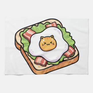 Cute Kawaii Cat Fried Egg on Toast Illustration Tea Towel