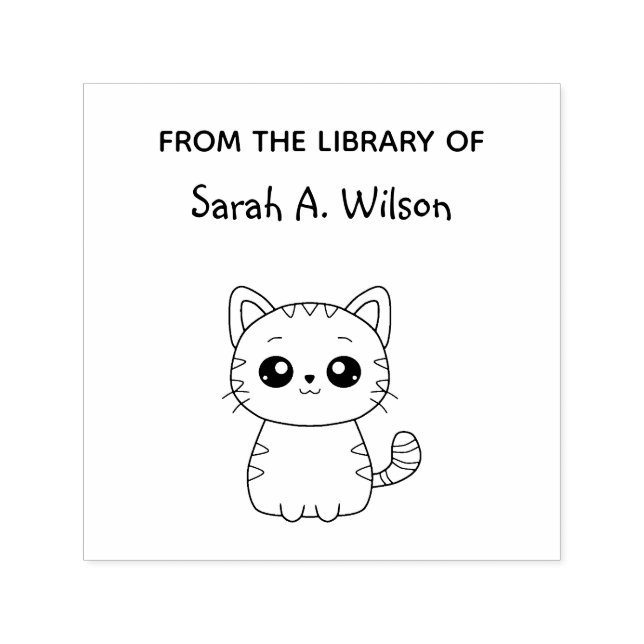 Cute Kawaii Cat From the Library Personalise Name Self-inking Stamp (Design)