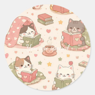 Cute Kawaii Cat Heart Book Pattern Classic Round Sticker