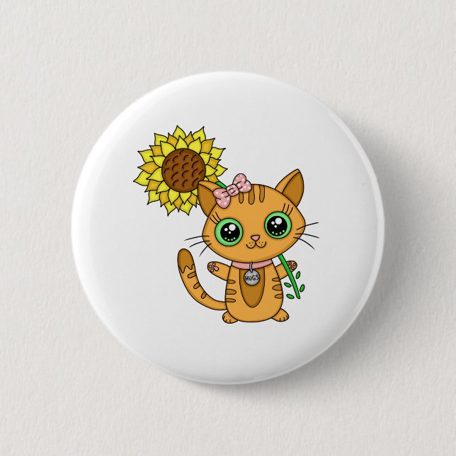 Cute Kawaii Cat Holding Flower 6 Cm Round Badge (Front)
