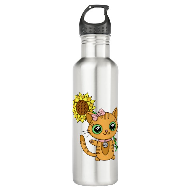 Cute Kawaii Cat Holding Flower 710 Ml Water Bottle (Front)