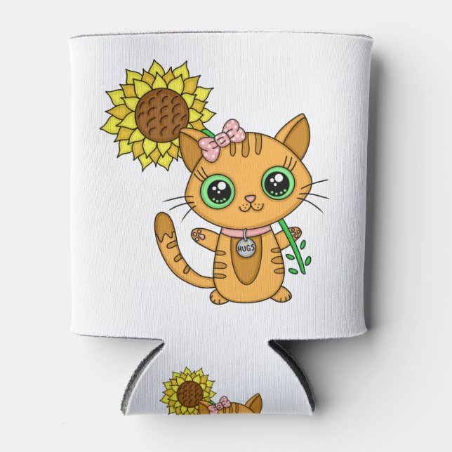 Cute Kawaii Cat Holding Flower Can Cooler (Front)