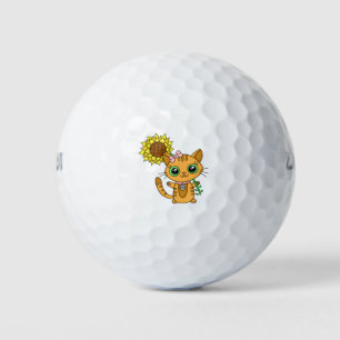 Cute Kawaii Cat Holding Flower Golf Balls