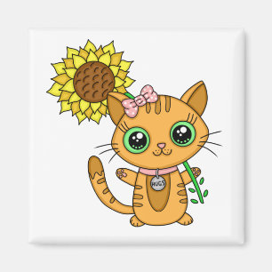 Cute Kawaii Cat Holding Flower Magnet