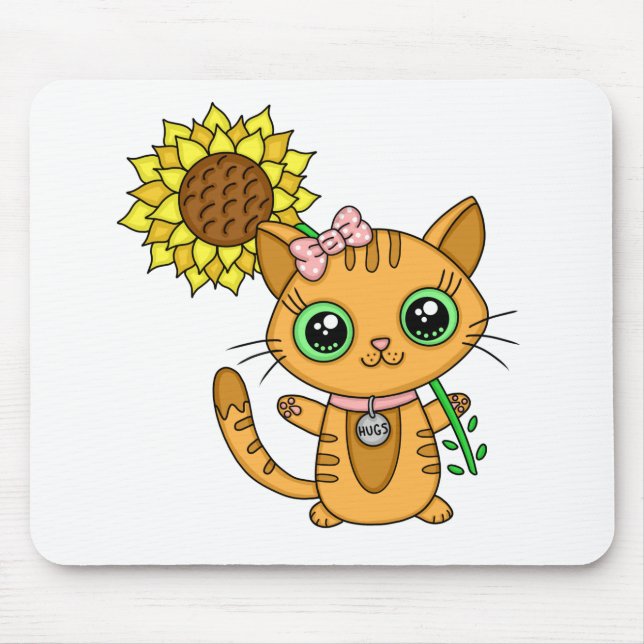 Cute Kawaii Cat Holding Flower Mouse Mat (Front)