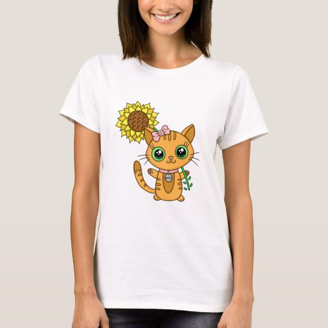 Cute Kawaii Cat Holding Flower T-Shirt (Front)