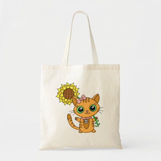 Cute Kawaii Cat Holding Flower Tote Bag (Front)