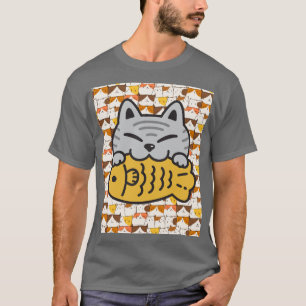 Cute Kawaii Cat Hugging Fish – Funny Cartoon Kitty T-Shirt