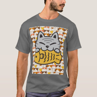 Cute Kawaii Cat Hugging Fish – Funny Cartoon Kitty T-Shirt