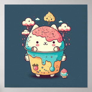 Cute kawaii cat ice cream in a cup poster