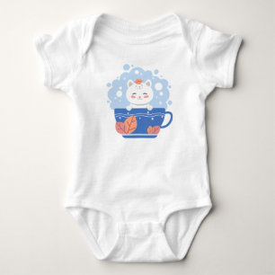 Cute Kawaii Cat in a Blue Teacup Baby Bodysuit